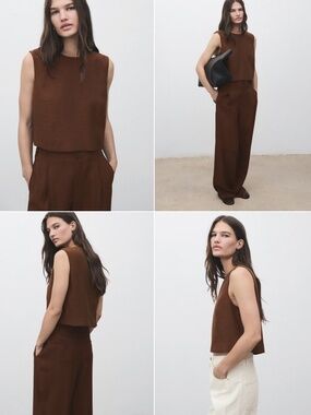 Mango Buttoned Crop Top Brown Box Neck Sleeveless Size Medium